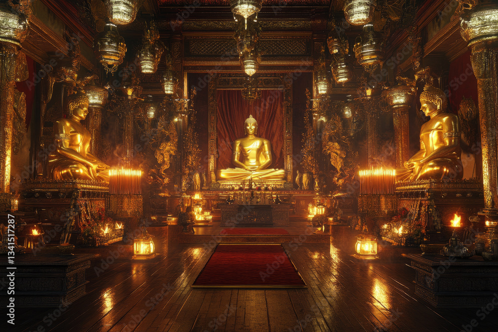 A luxurious golden temple 3D background room with massive golden statues of divine figures, sacred incense burning in intricately carved holders, red silk tapestries swaying gently, a central prayer