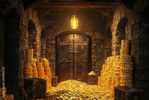 Obraz na płótnie A grand royal treasure vault 3D background room with walls lined with towering stacks of gold coins, massive gem-encrusted chests overflowing with riches, ancient relics gleaming under torchlight, and w salonie
