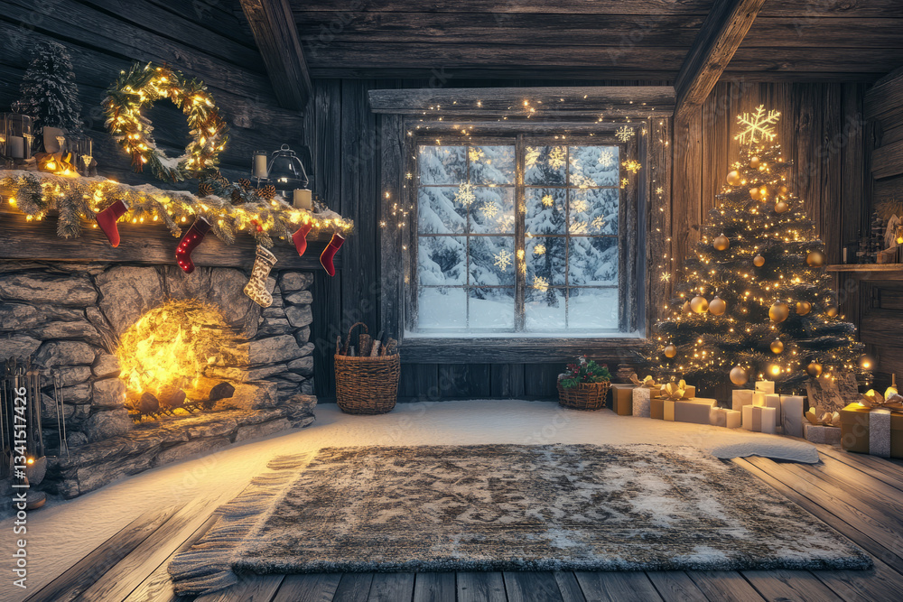 A magical snow-covered cabin interior 3D background room with a crackling stone fireplace, wooden walls adorned with festive decorations, a warm woolen rug covering the floor, frosted windows