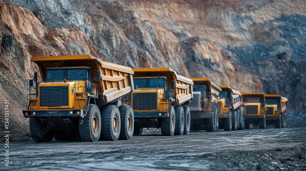 Yellow Mining Dump Trucks in Formation Against Rocky Terrain Backdrop Yellow Mining Dump Trucks in Formation Against Rocky Terrain Backdrop