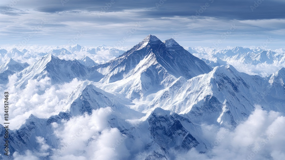 Panoramic aerial view of snow-covered mountain peaks and cloudscape wilderness Panoramic aerial view of snow-covered mountain peaks and cloudscape wilderness