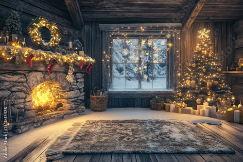 Obraz na płótnie A magical snow-covered cabin interior 3D background room with a crackling stone fireplace, wooden walls adorned with festive decorations, a warm woolen rug covering the floor, frosted windows w salonie