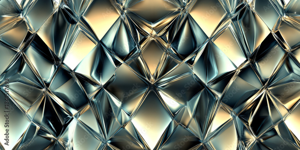 A geometric 3D background with a complex pattern of interlocking, metallic diamonds reflecting ambient light. The precise symmetry and polished surfaces create a sleek and modern visual.