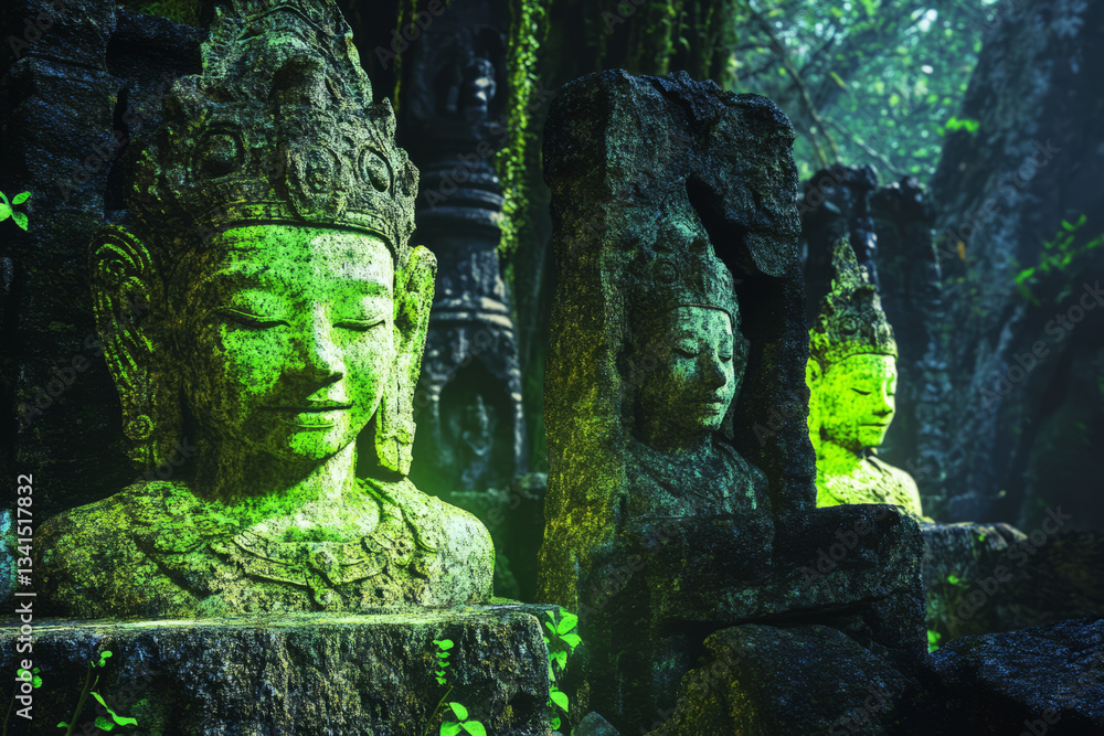 A mysterious deep jungle temple 3D background room covered in glowing moss, ancient stone statues staring from the shadows, vines creeping through cracks in the walls, and a sacred altar emitting a