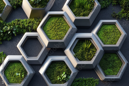 Obraz na płótnie A nature-tech hybrid 3D background where hexagonal panels seamlessly integrate with organic textures like moss, wood, and water. The futuristic biophilic design creates a harmonious balance between w salonie