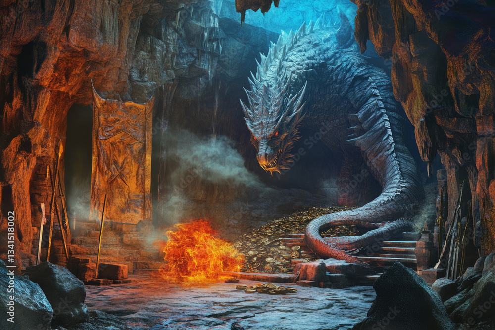 A hidden dragon’s lair 3D background room deep within a volcanic cave, treasure hoards piled high, ancient swords embedded in stone, and a massive dragon curled up, exhaling plumes of smoke.