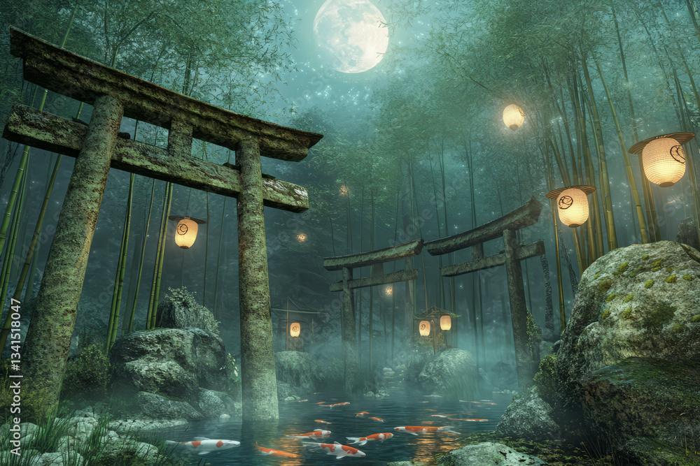 A mystical Japanese shrine 3D background room hidden deep within a bamboo forest, featuring ancient torii gates covered in moss, glowing paper lanterns floating in the air, and a tranquil koi pond