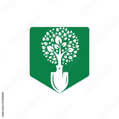 Shovel with human tree vector logo design. Green garden environment logo design template.	