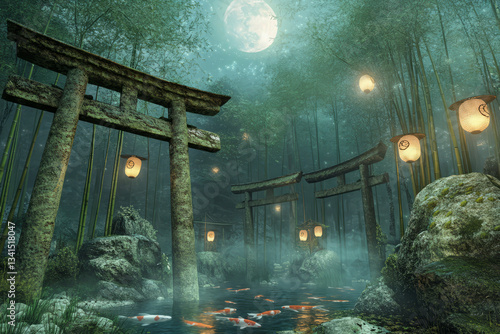 A mystical Japanese shrine 3D background room hidden deep within a bamboo forest, featuring ancient torii gates covered in moss, glowing paper lanterns floating in the air, and a tranquil koi pond