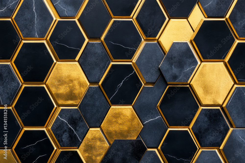 A bold 3D background featuring hexagonal tiles arranged in a stepped formation, creating a layered, three-dimensional effect. The matte black surfaces contrast with glossy metallic gold highlights,