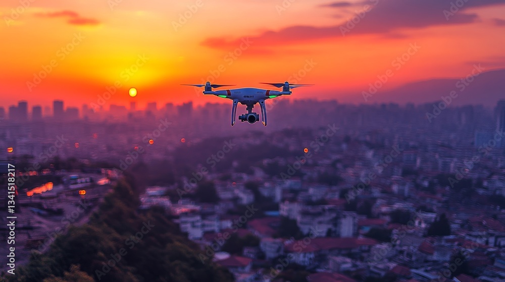 Drone flying over city at sunset. Drone flying over city at sunset.