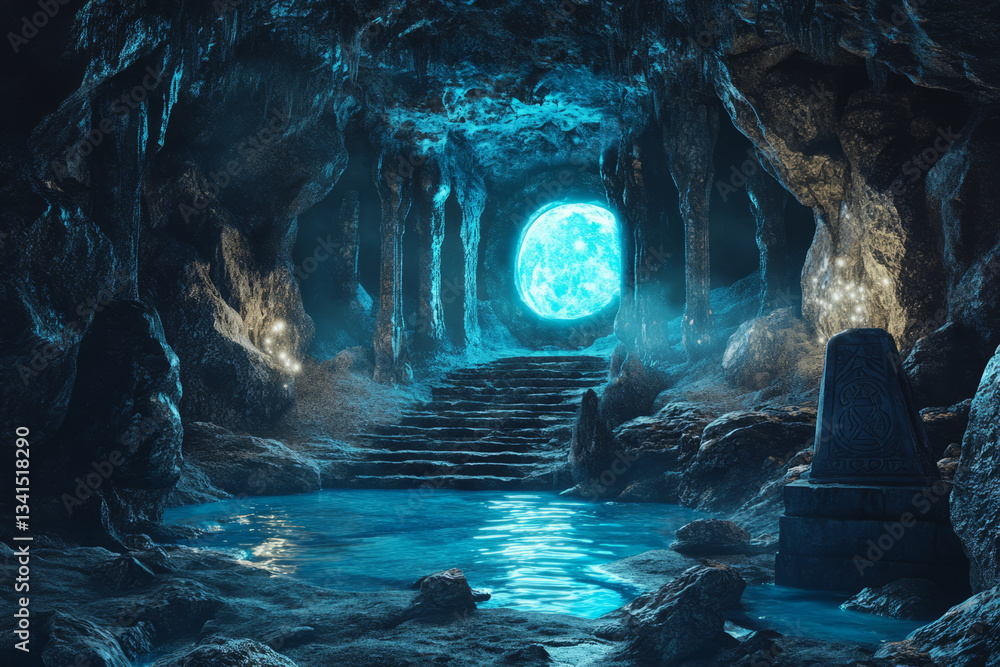 A mystical moonlit cave 3D background room with glowing crystals embedded in the rock walls, an underground river reflecting ethereal blue light, and an ancient stone altar covered in mysterious runes