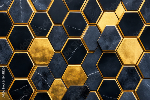 Obraz na płótnie A bold 3D background featuring hexagonal tiles arranged in a stepped formation, creating a layered, three-dimensional effect. The matte black surfaces contrast with glossy metallic gold highlights, w salonie