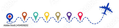 Abstract airplane, route, pinpoint travel destination vector. Airplane icon with route, map pin. Transport design to use for business strategy, summer holiday, travel projects. 