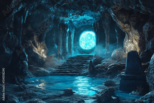 Obraz na płótnie A mystical moonlit cave 3D background room with glowing crystals embedded in the rock walls, an underground river reflecting ethereal blue light, and an ancient stone altar covered in mysterious runes w salonie