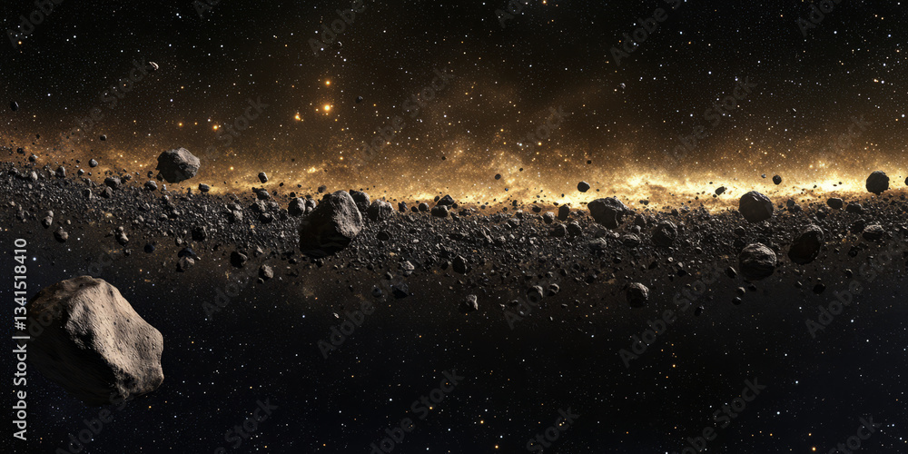 A cosmic 3D background with a mesmerizing view of a massive asteroid belt illuminated by the golden light of a distant star. The deep space setting adds a sense of adventure and exploration.