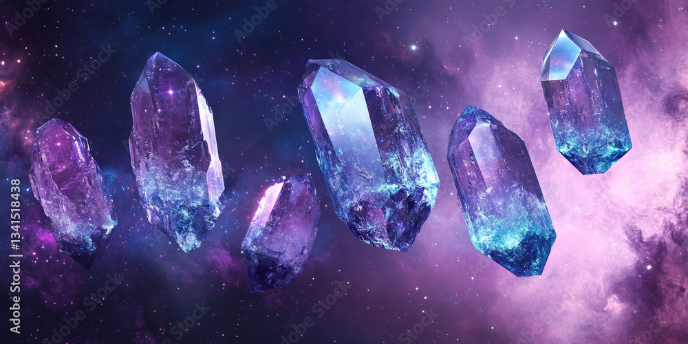 A celestial 3D background showcasing floating crystalline structures illuminated by cosmic light. The deep purples and blues of the nebula blend seamlessly with the translucent surfaces of the
