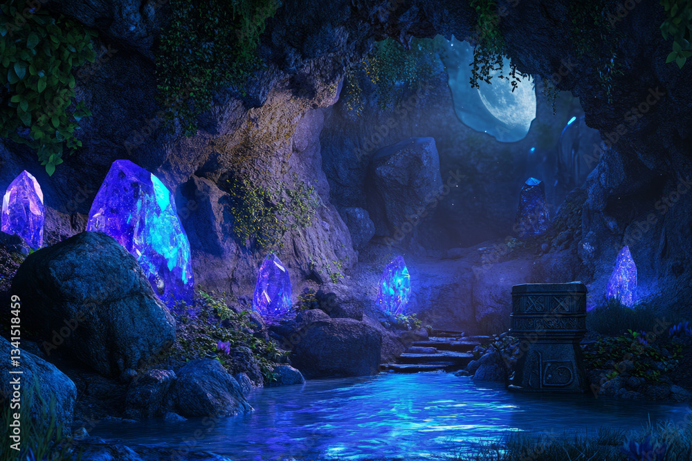 A mystical moonlit cave 3D background room with glowing crystals embedded in the rock walls, an underground river reflecting ethereal blue light, and an ancient stone altar covered in mysterious runes