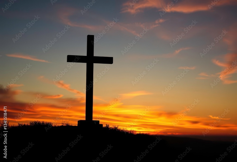 Silhouetted cross atop hill, fiery sunset sky, religion, God Silhouetted cross atop hill, fiery sunset sky, religion, God