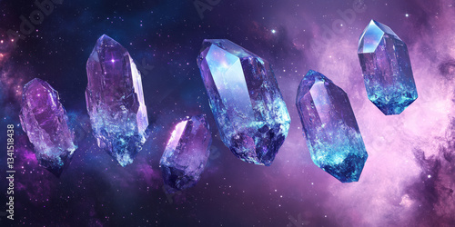 Obraz na płótnie A celestial 3D background showcasing floating crystalline structures illuminated by cosmic light. The deep purples and blues of the nebula blend seamlessly with the translucent surfaces of the w salonie