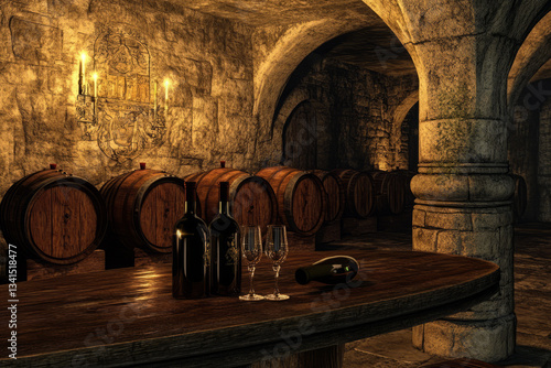 A luxurious underground wine cellar 3D background room with neatly arranged wooden barrels, dim golden lighting reflecting off vintage glass bottles, a rustic wooden tasting table with crystal glasses