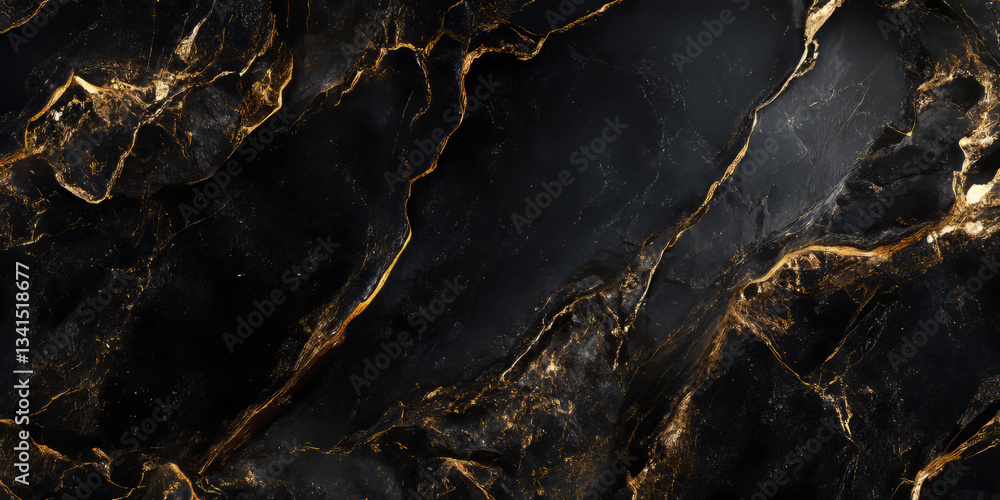 A luxurious 3D background featuring a dark marble surface with delicate gold veins, softly illuminated by ambient lighting. The elegant contrast of deep black and shimmering gold adds a premium