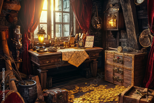 A grand pirate captainâ€™s quarters 3D background room with wooden floors, a massive desk covered in treasure maps, and gold coins scattered across an old chest. The dim lantern light flickers against