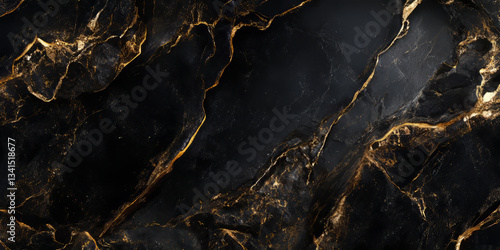 Obraz na płótnie A luxurious 3D background featuring a dark marble surface with delicate gold veins, softly illuminated by ambient lighting. The elegant contrast of deep black and shimmering gold adds a premium w salonie