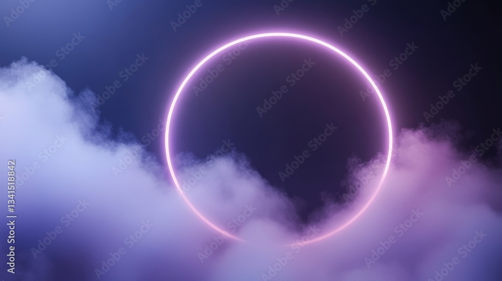 A fluorescent frame with blue and purple neon light surrounded by clouds. Circle frame in a futuristic look full of vibrant energy. A fluorescent frame with blue and purple neon light surrounded by clouds. Circle frame in a futuristic look full of vibrant energy.