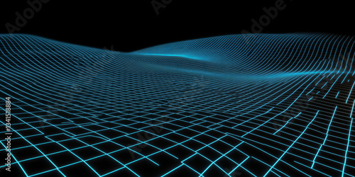 A futuristic 3D background with an intricate grid of glowing blue circuits on a sleek, black surface. The electric glow pulses through the lines, resembling a digital data stream. Perfect for