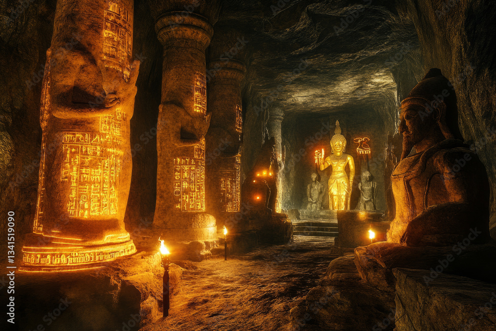 A mysterious underground temple 3D background room with ancient glowing hieroglyphs carved into stone pillars, large golden statues of forgotten gods, and flickering torches casting eerie light across