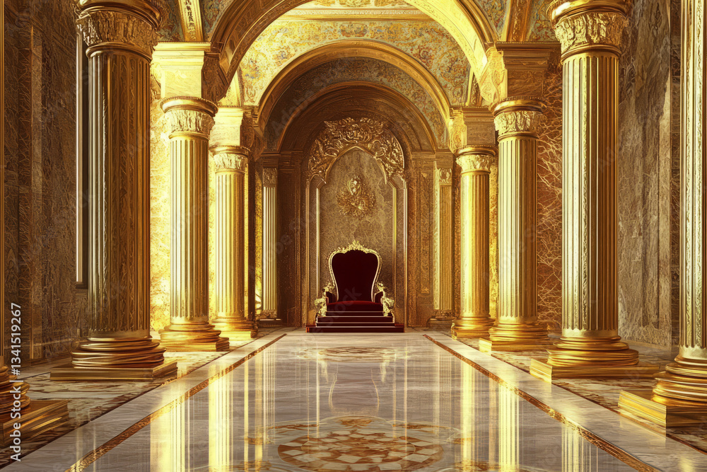 A luxurious golden palace chamber 3D background room with intricate mosaic tilework, massive golden pillars, and a grand velvet throne. The high arched ceilings are adorned with detailed frescoes,