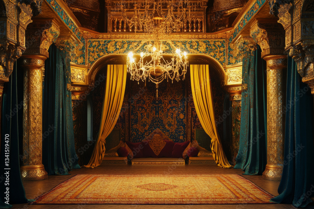 A royal Arabian palace chamber 3D background room with intricate mosaic patterns, gold-trimmed silk drapes, and an opulent chandelier. The space is rich with deep jewel-toned cushions and exotic