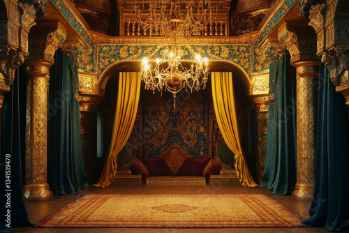 Obraz na płótnie A royal Arabian palace chamber 3D background room with intricate mosaic patterns, gold-trimmed silk drapes, and an opulent chandelier. The space is rich with deep jewel-toned cushions and exotic w salonie