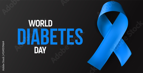 World Diabetes Day banner with blue awareness ribbon on black background. Symbol of diabetes awareness, prevention, medical support. Modern advocacy campaign design. Vector illustration.