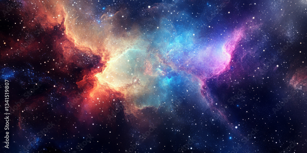 A cosmic 3D background showcasing a deep-space nebula filled with swirling clouds of colorful gases and twinkling stars. The vast, galactic scene conveys mystery and infinite possibilities.