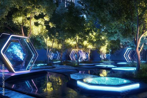 Obraz na płótnie A high-tech urban park where nature and technology blend seamlessly. Trees grow inside illuminated hexagonal pods, filtering the air and producing bioluminescent leaves. The futuristic design, glowing w salonie