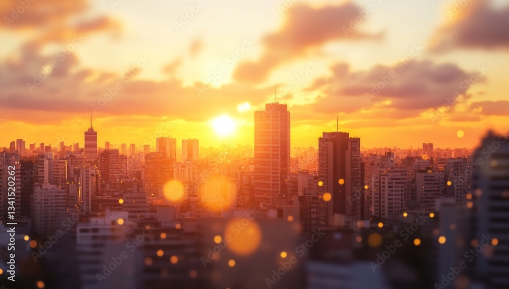 Fototapeta premium Golden Hour Cityscape: A Sunset Panorama over Urban Skyline