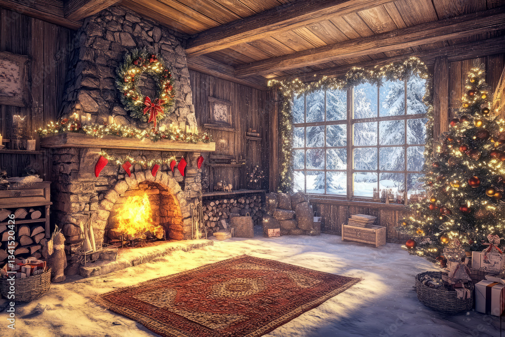 A magical snow-covered cabin interior 3D background room with a crackling stone fireplace, wooden walls adorned with festive decorations, a warm woolen rug covering the floor, frosted windows