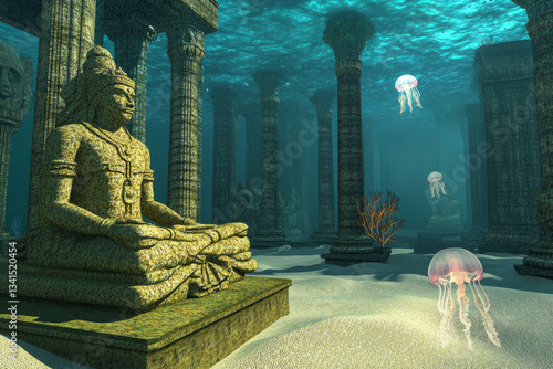 A serene underwater temple 3D background room with ancient pillars covered in glowing coral, jellyfish floating through the water, and statues of forgotten deities resting in the sand, lost to time.