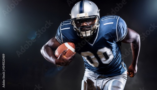 A close up view of a football player holding the American football in his arms while running; dramatic and cinematic; 