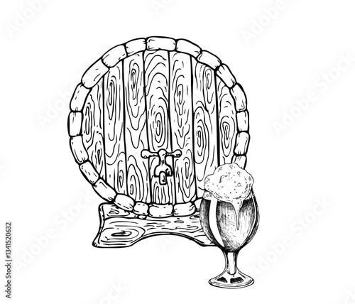 Vector wooden barrel for wine. Glass of beer with cap of foam, a tap. Graphic vintage illustration isolated on background. Hand drawn wood oak keg line sketch. For designers, prints, postcards