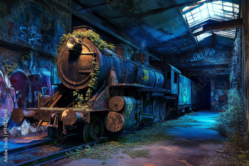 A hidden underground train station 3D background room with old, rusting locomotives covered in ivy, flickering industrial lights casting eerie shadows, graffiti-covered walls telling stories of the