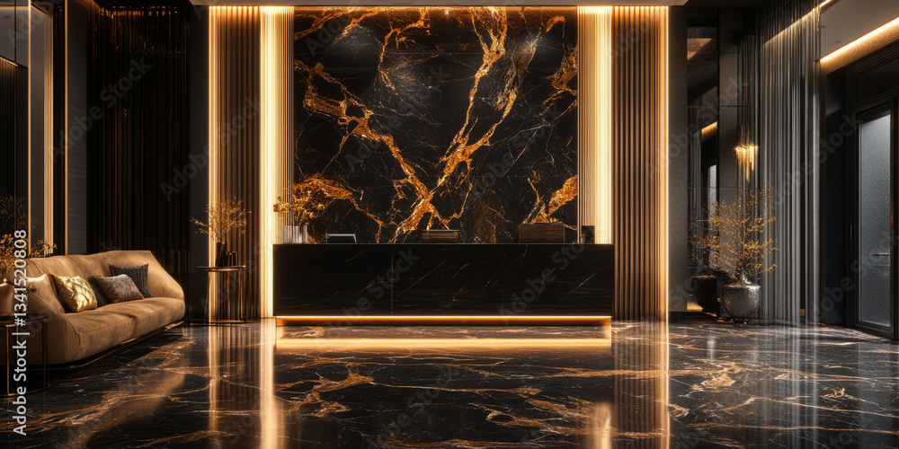 A luxurious 3D background featuring a dark marble surface with golden veins illuminated by soft ambient lighting. The rich textures and elegant contrast create a high-end, sophisticated look.