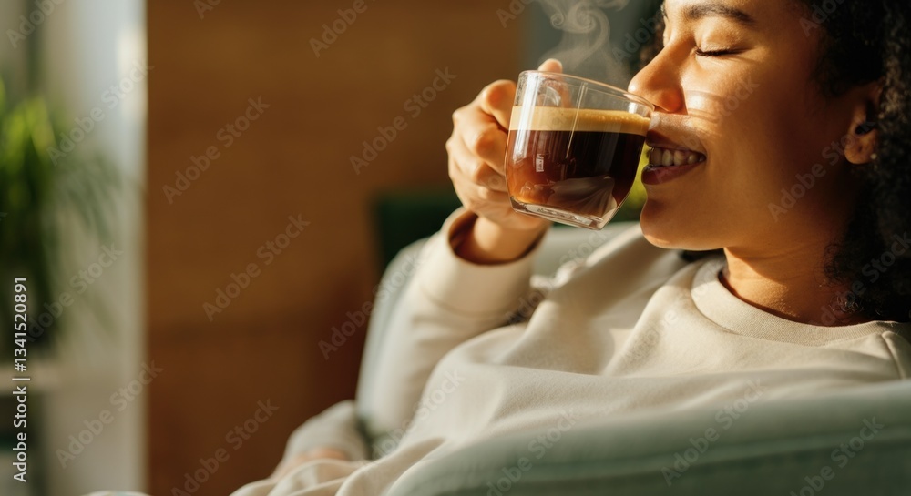 Smiling african female savoring warm coffee in relaxing home environment Smiling african female savoring warm coffee in relaxing home environment