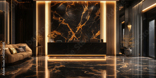 Obraz na płótnie A luxurious 3D background featuring a dark marble surface with golden veins illuminated by soft ambient lighting. The rich textures and elegant contrast create a high-end, sophisticated look. w salonie