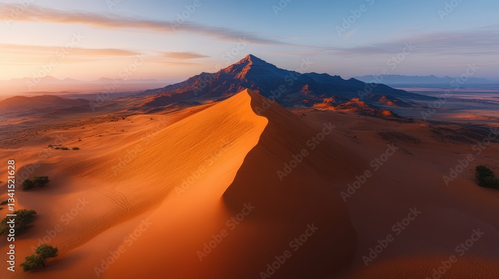 Aerial View of Majestic Orange Sand Dune Against Dark Mountain Range at Sunrise Surrounded by Sparse Desert Vegetation Illuminated by Dawn Light Aerial View of Majestic Orange Sand Dune Against Dark Mountain Range at Sunrise Surrounded by Sparse Desert Vegetation Illuminated by Dawn Light