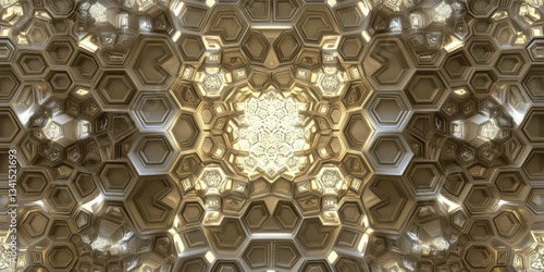 Wallpaper Mural A geometric 3D background featuring an intricate honeycomb pattern of metallic hexagons, each glowing softly from within. The precise symmetry and futuristic lighting create a sleek and modern look. Torontodigital.ca