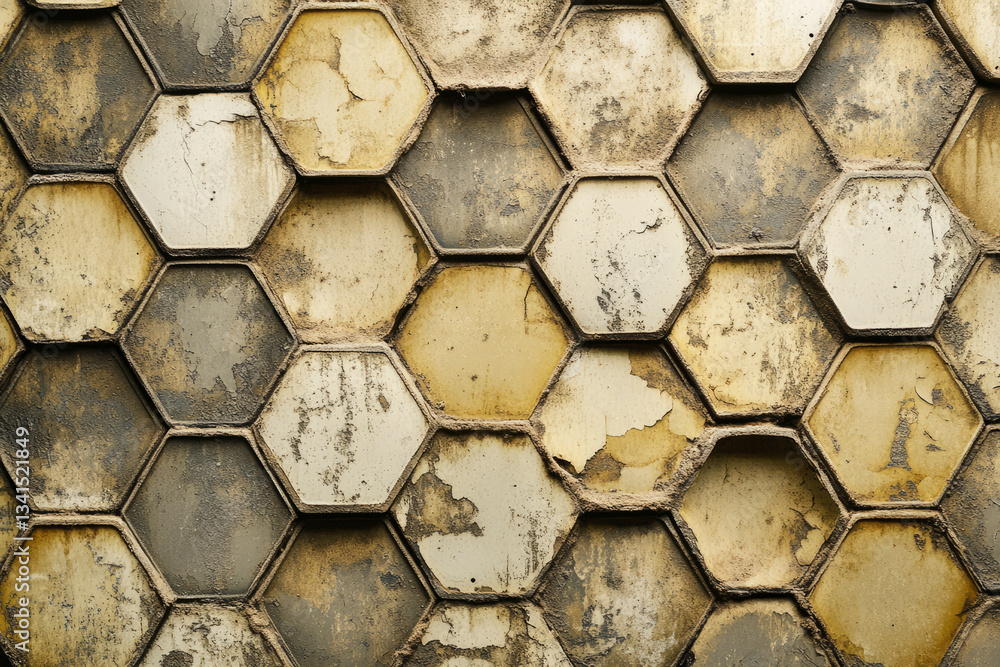 A vintage-inspired 3D background with faded hexagonal patterns resembling old tiles. Some hexagons are chipped or slightly misaligned, adding an aged and worn aesthetic to the design.