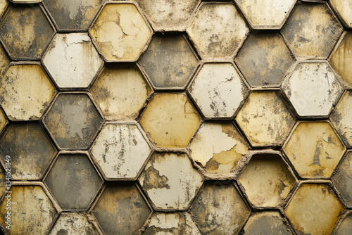 Obraz na płótnie A vintage-inspired 3D background with faded hexagonal patterns resembling old tiles. Some hexagons are chipped or slightly misaligned, adding an aged and worn aesthetic to the design. w salonie